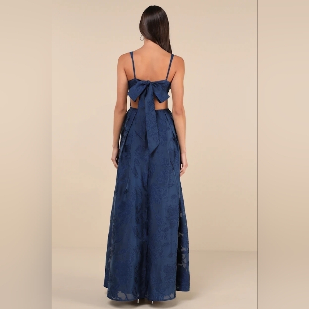 Lulus Perfected Aura Navy Jacquard Tie-Back Maxi Dress with Pockets Wedding Prom - Picture 5 of 11